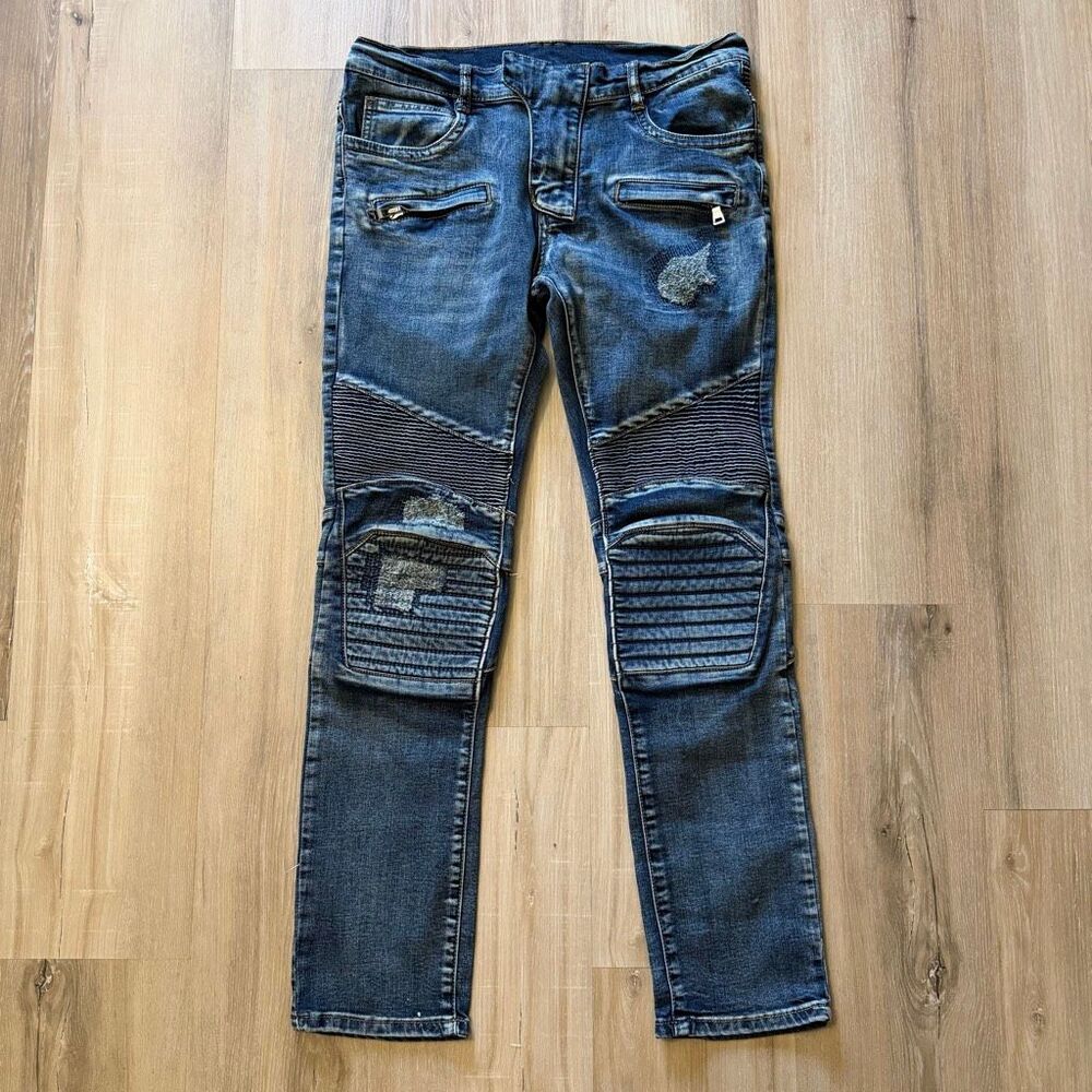 Balmain Paris Biker Jeans Size 31 Blue Denim Skinny Moto Quilted Knee Luxury